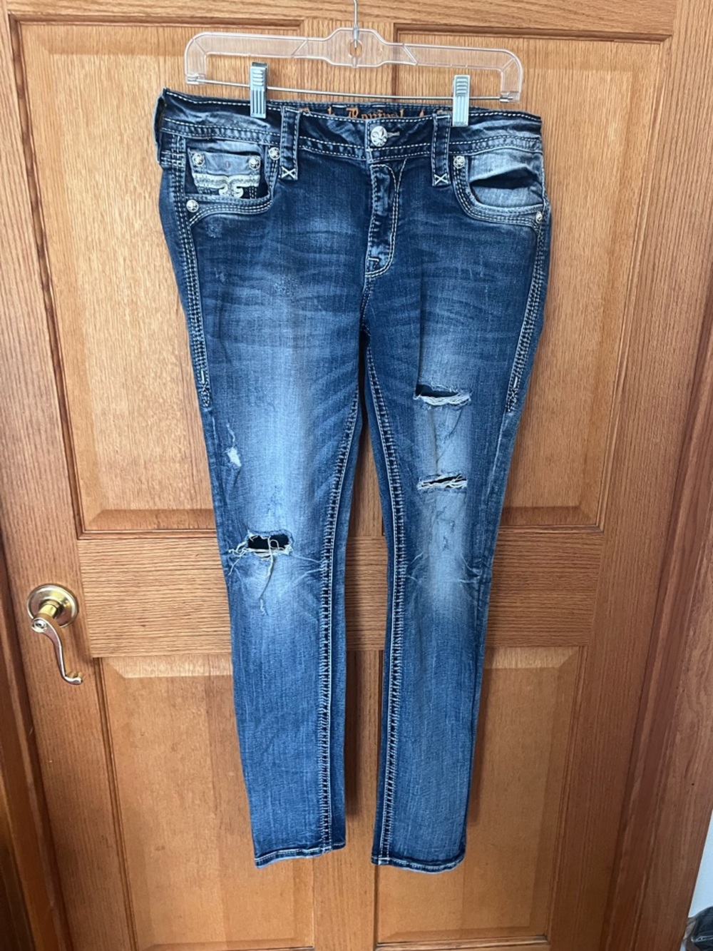 Rock Revival yalen Women’s Ripped mid rise Skinny Jeans - Blue Wash